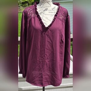 Womens Plus Size 2X Burgundy Long Sleeve Ruffle Lace Detail Lightweight Blouse